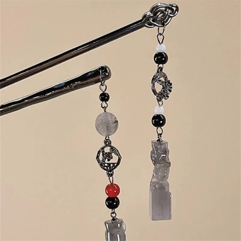 GEERDENG New Arrival Ancient Chinese Style Hair Sticks Jade Pendant Tassel Metal Hair Sticks Hanfu Coiling Hairpin for Women