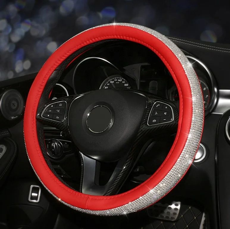 
38cm Universal Shining Diamond Rhinestones Crystal Car Steering Wheel Cover Interior Decorative PU Leather Steering Wheel Covers 