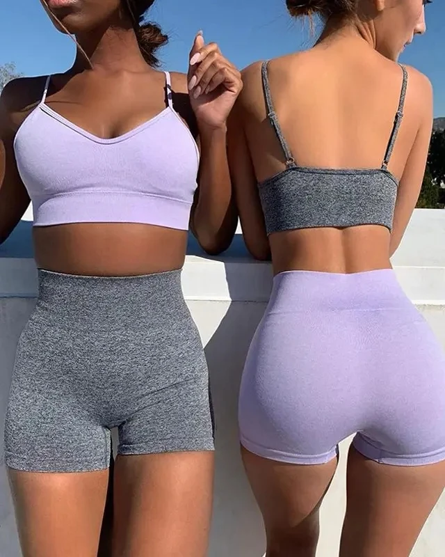 Wholesale 2 Pcs Sport Yoga Short Set Fitness Clothing Wear Seamless Hemp Sport Bra Gym Sportswear Running Leggings Women Set