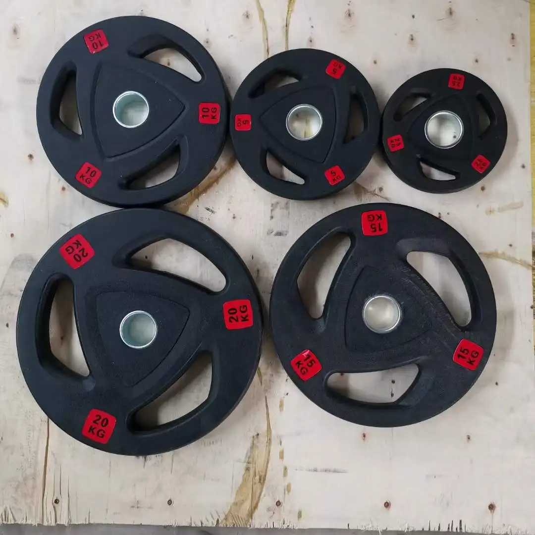 Custom Logo 5kg 10kg 15kg 20kg 25kg Weight Plates Rubber Coated Barbell Plate Discs Cast Iron Three Grip Weight Plate