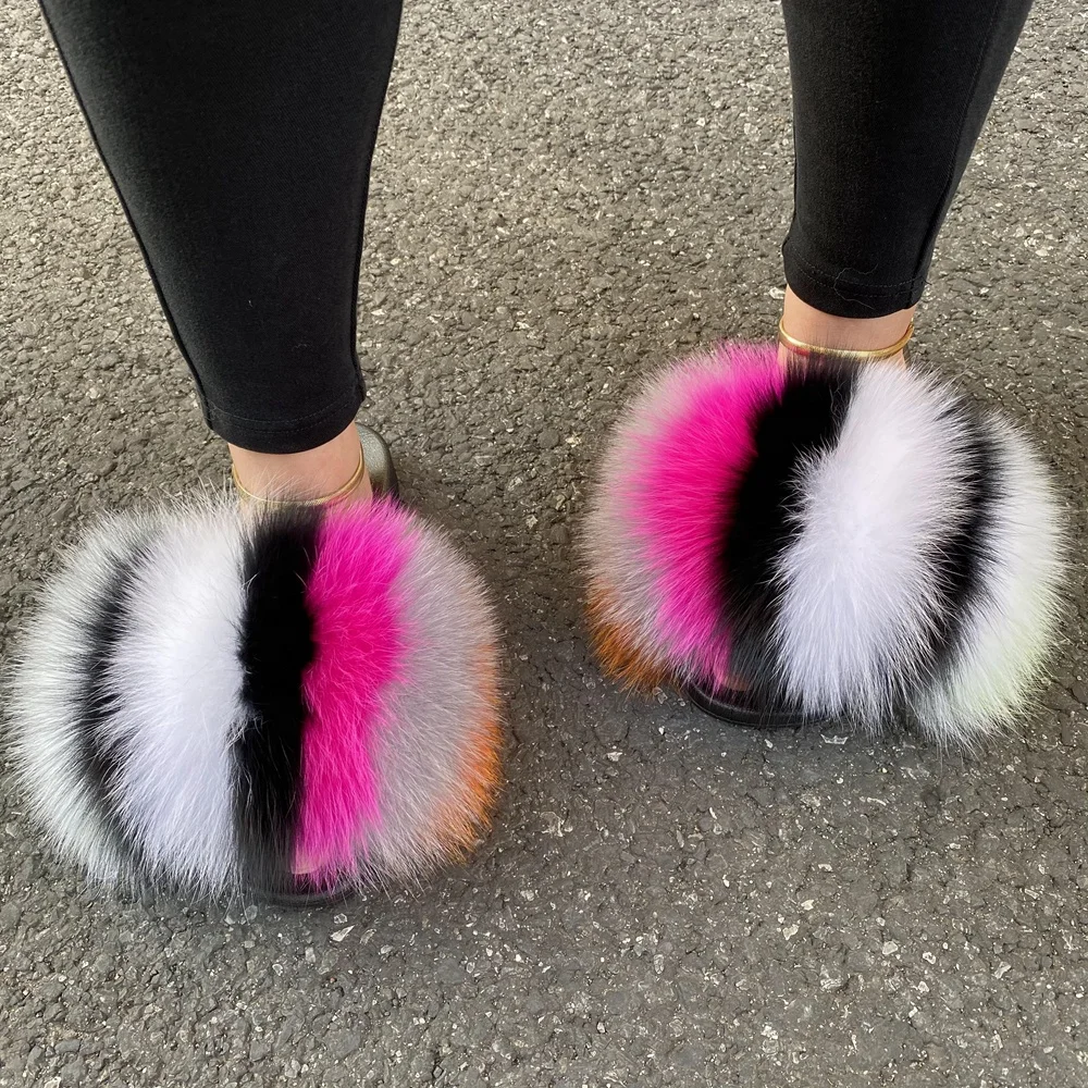 
Wholesale Custom Logo Outdoor ladies Slides Colorful 100% Fluffy Fox Fur Slipper For Women 