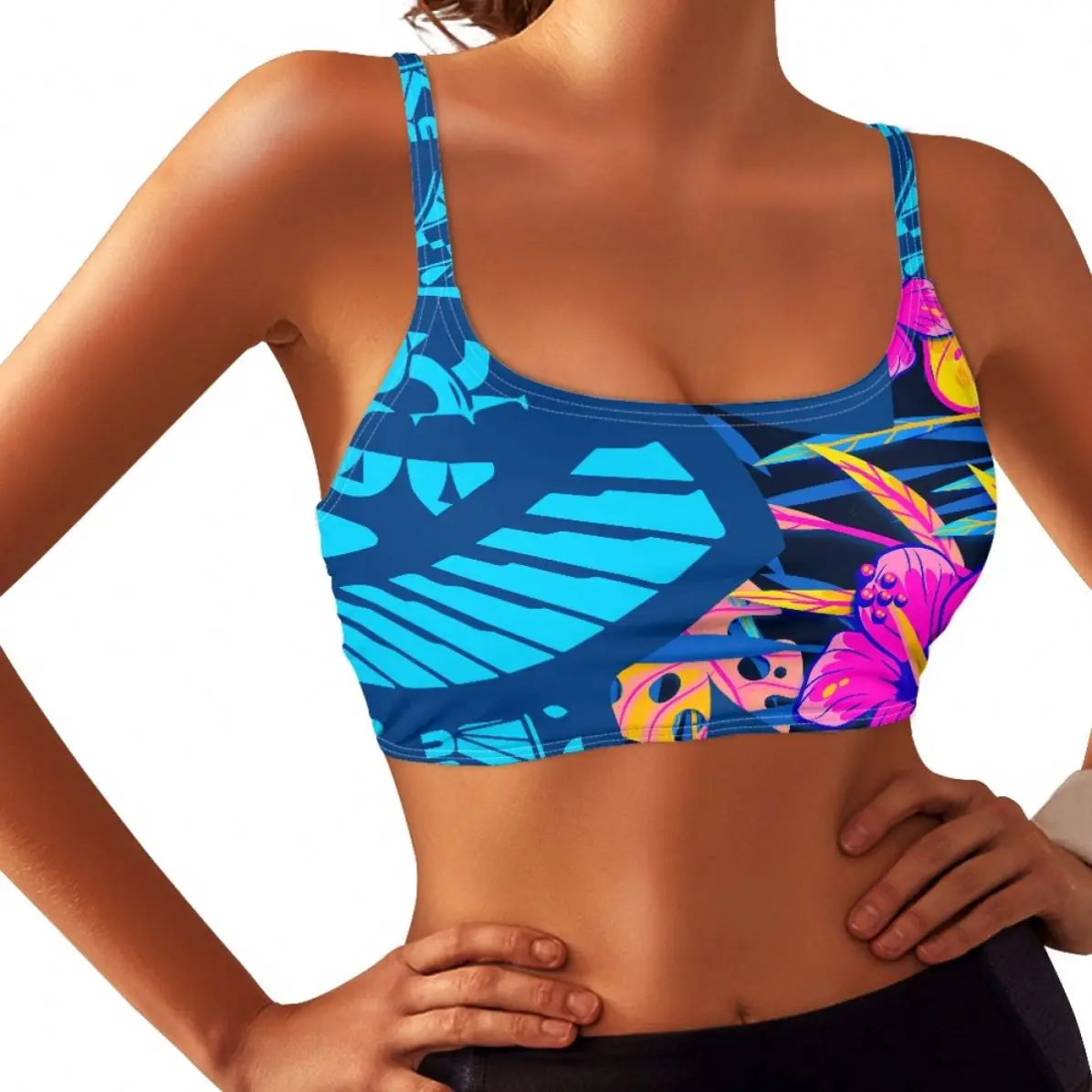 New Polynesian Print Wholesale Custom Bra Yoga Tank Top Adjustable Sports Bra For Women Spaghetti Straps Zipperless Bras
