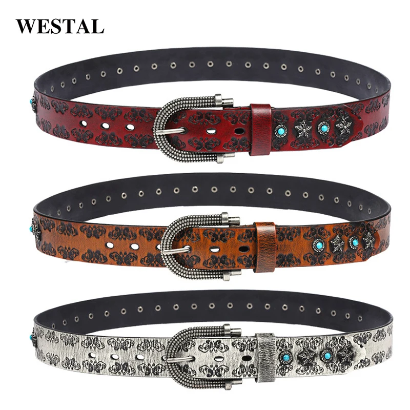 Westal Retro Waist Belts Women Ladies Butterfly Embossed Pin Buckle Leather Womens Belts for Jeans Luxury Belts for Women