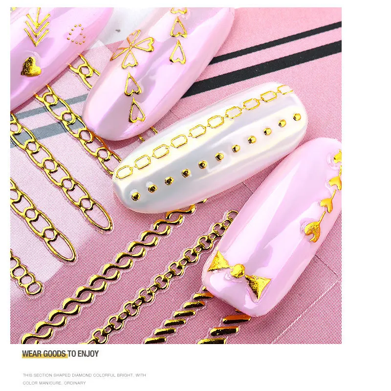 Korea 1 Sheet Gold Metal Chains Nail Stickers Mix Wave Heart Bow 3d nail Golden Metallic Adhesive Sticker luxury Decals