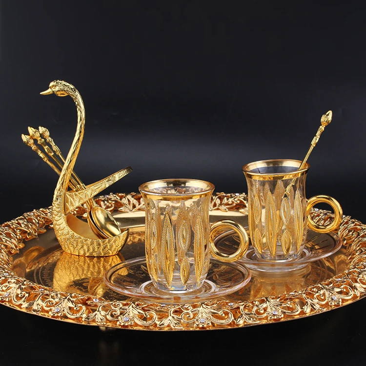 Soda-lime 90ml glass tea cup sets with customized gold and silver color arabic tea cup and saucer for party dinnerware homeware