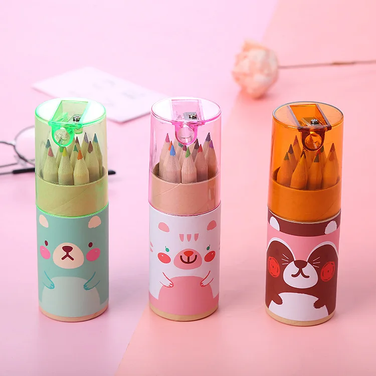 Best Sold Cartoon Non Toxin Mini Pencils In Cylinder Painting 12 Colour Children Colorful Cheap Pencil Sets