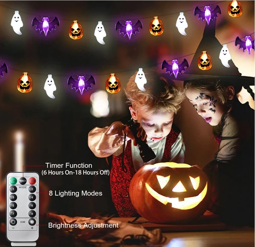 Pumpkin Bat Ghost 8 Lighting Modes Fairy Battery Operated Halloween String Lights For Home Door Window Porch Party Decoration