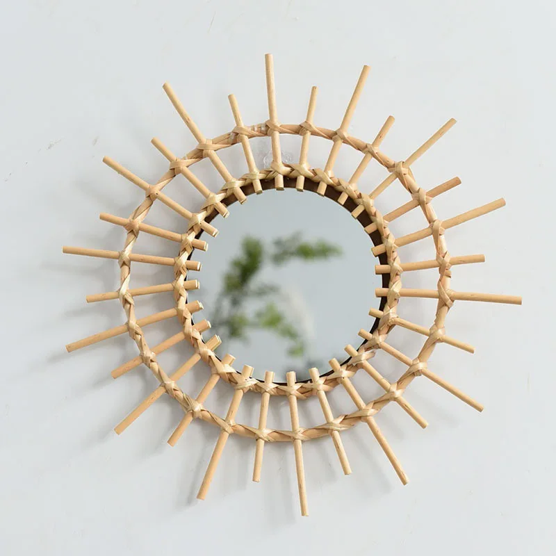 Rattan Materials Mirror Boho style Round Hanging Wall Mirror Rustic Wooden Frame Circle Mirror for Farmhouse