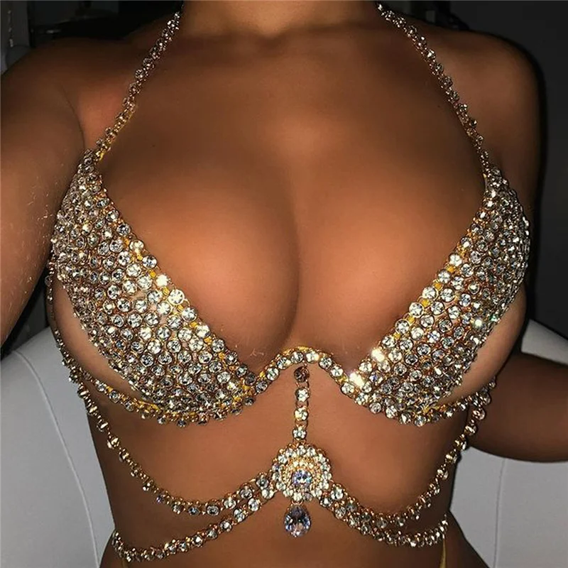 Shining Body Chain Set Sexy Chain Skirt Rhinestone Bling Rhinestone Lingerie For Women Bikini Bra Chain