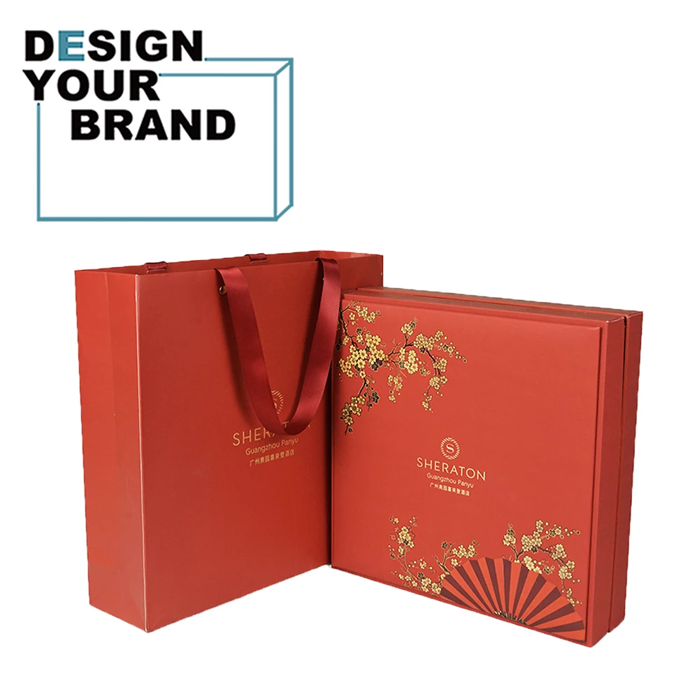 Square Red Color with Beautiful Pattern Cardboard Moon Sportpaper Box Festival Food Container Mooncake Box Accept for Mid Autumn