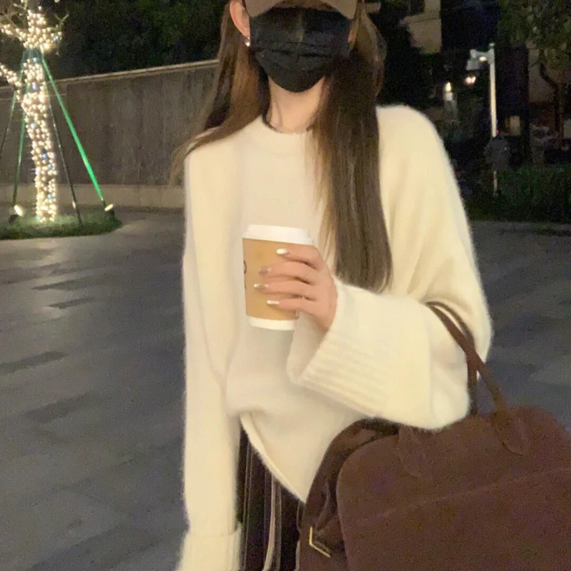 Knitwear manufacturer Cotton Knitted Pullover casual round neck white solid cashmere knit custom sweater for women