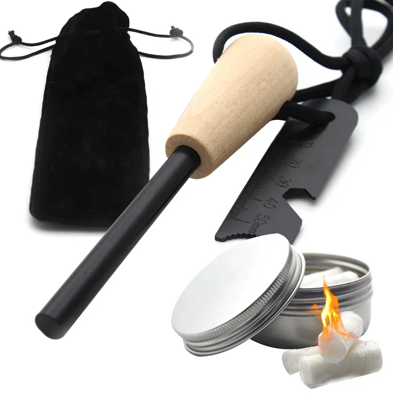 Emergency Fire Starter Kit Ferro Rod with Waxed Cotton Tinder packed in Black Carry Pouch