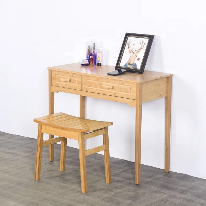 Bamboo Makeup Vanity Table Desk with Stool Flip-top Mirror 2 Drawers Deep Storage Alcove Girls Dressing Table Set for Bedroom