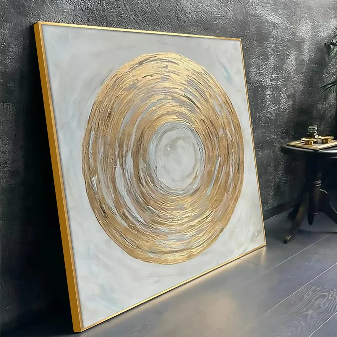 Large Golden Circle Oil Painting on Canvas Abstract Original Minimalist Gold Leaf Texture Acrylic Painting Living Room Wall Art