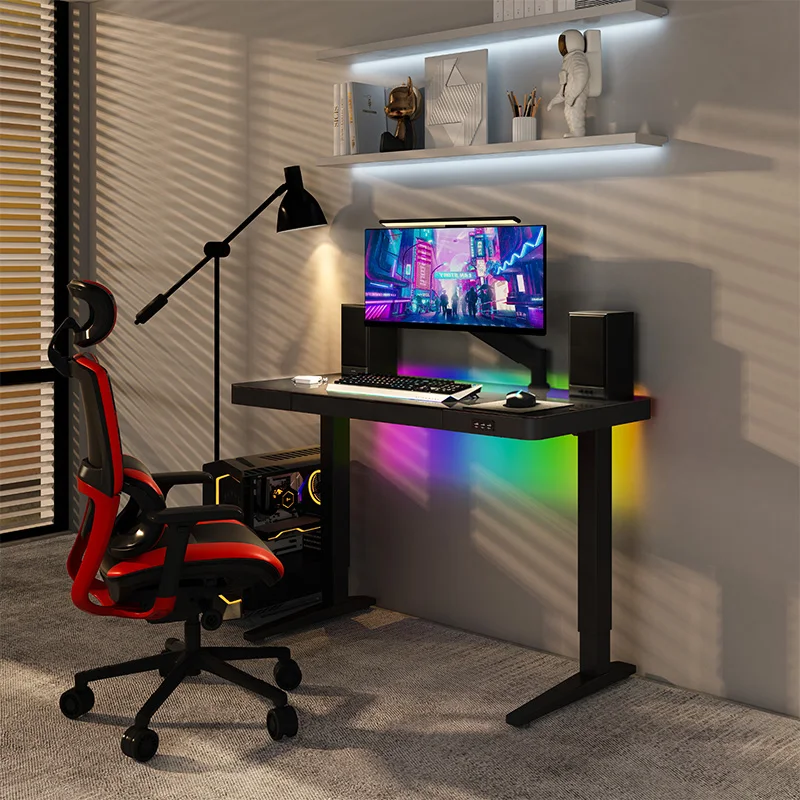 Modern Black Tempered Glass Computer Workstation Gaming Computer Desk Sit Stand Electric Desk