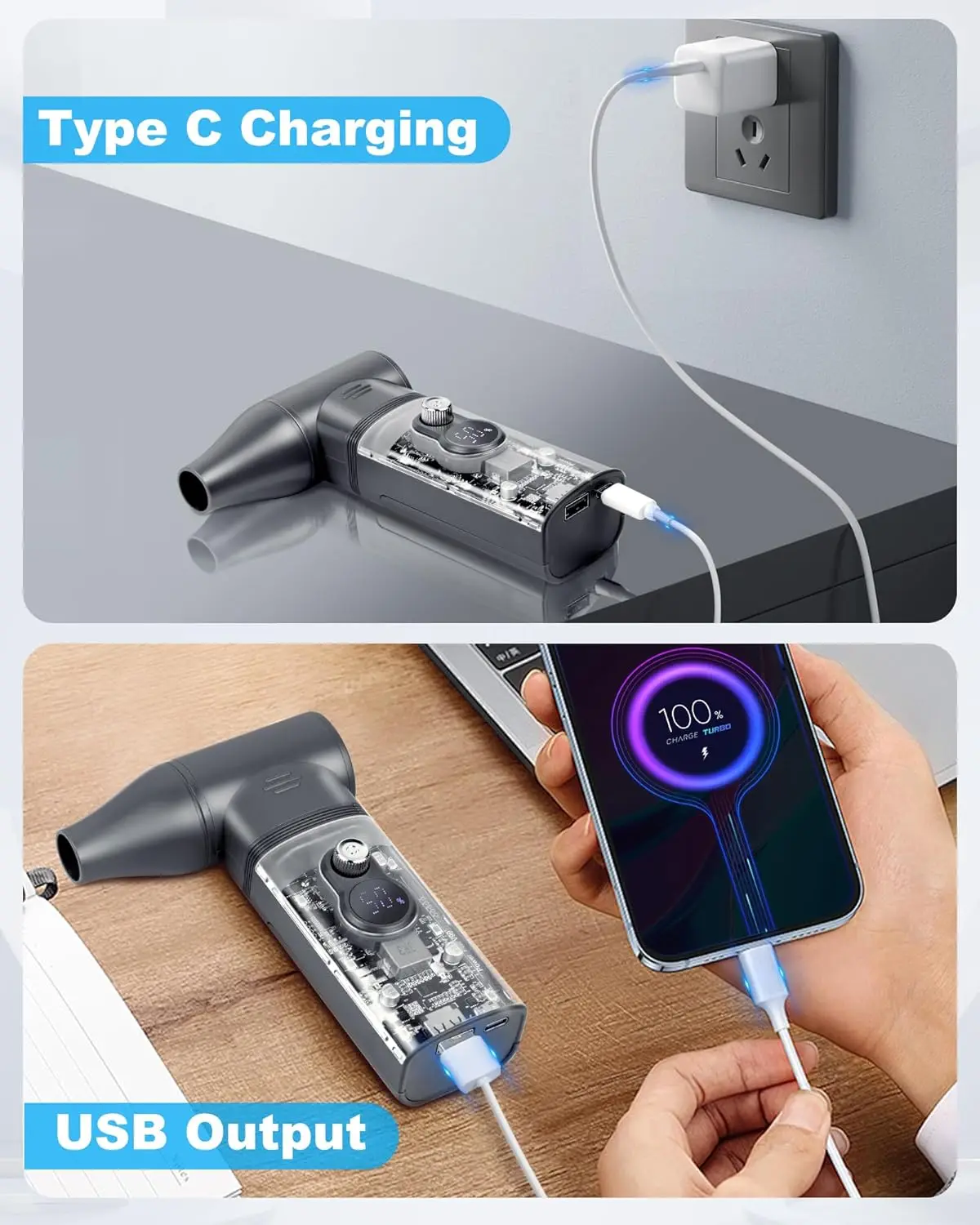 Portable Handheld Mini High speed 100000rpm turbo fan Air cooling charging usb fan Handheld led display Outdoor small fan