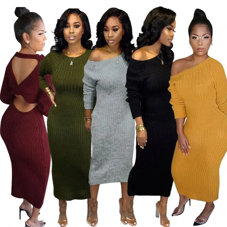 
New product 2021 casual round neck solid color open back knitted Bodycon latest dress designs for ladies 