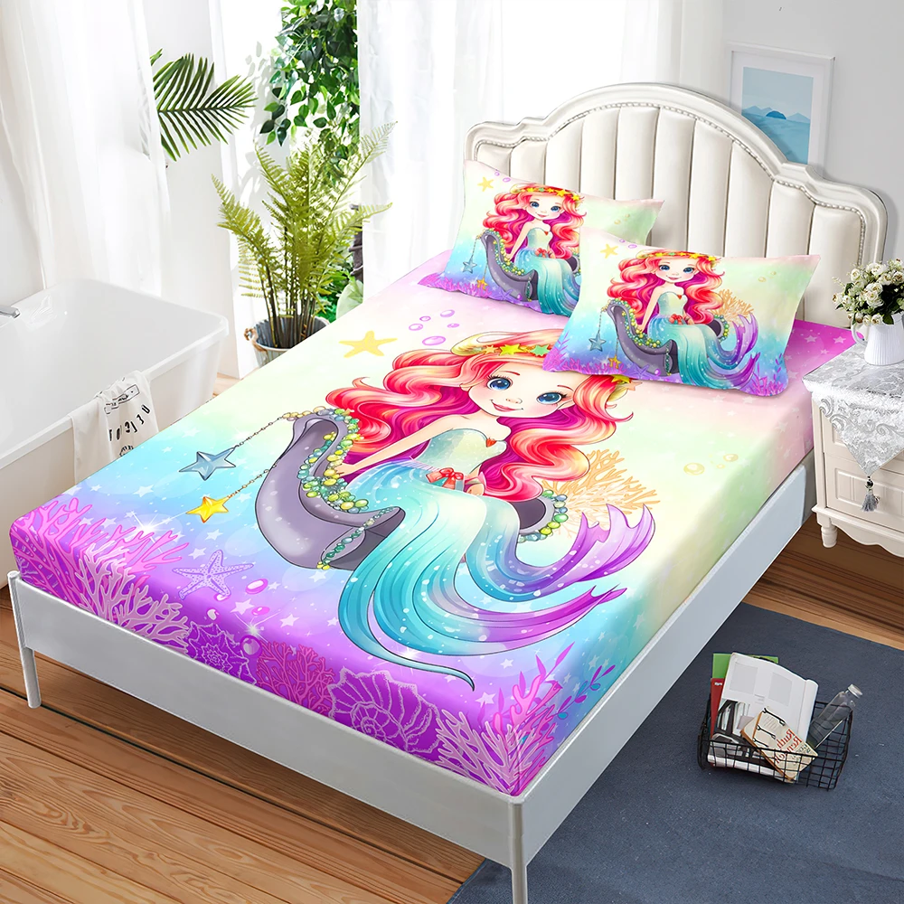 Cute cartoon mermaid girl 3D digital printing fitted sheets bedroom bedding set mattress cover