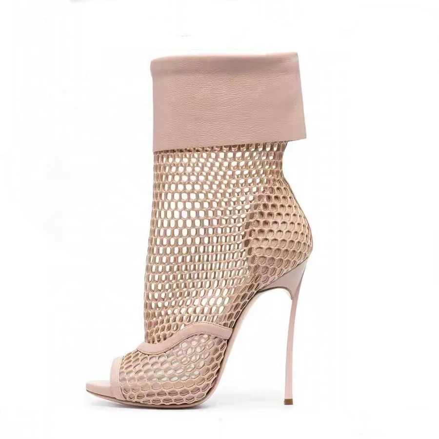 Fishnet upper female heel shoes women spring high heels 2022 open toe stiletto boots style wholesaler price MOQ 30 Pairs