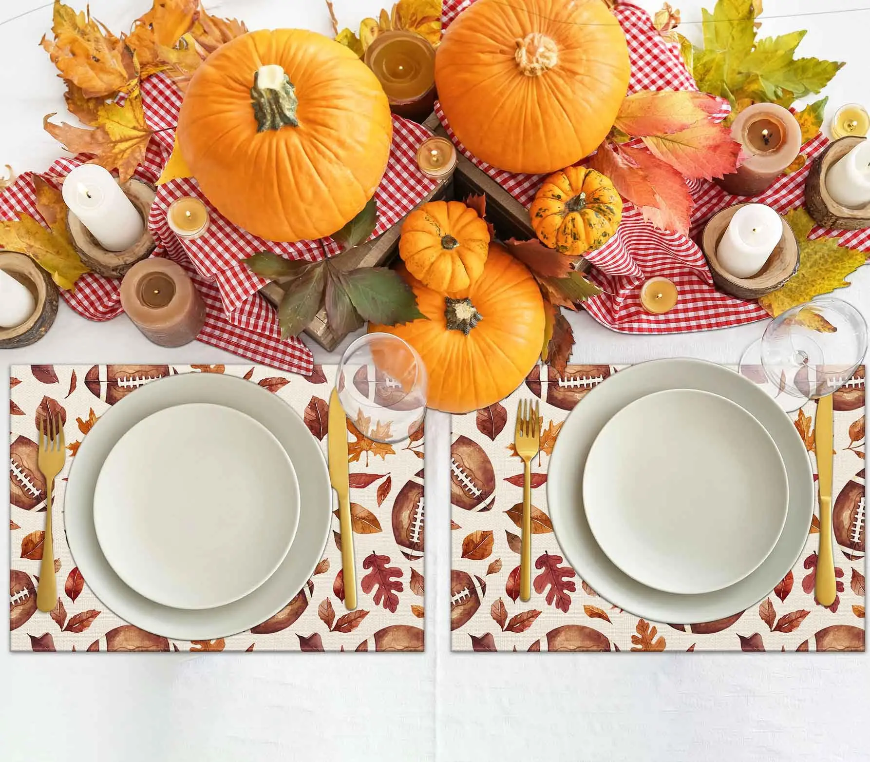 12x18 Inch Footballs with Maple Leaves Place Mats Seasonal Autumn Table Decors for Dining Thanksgiving Holiday Party