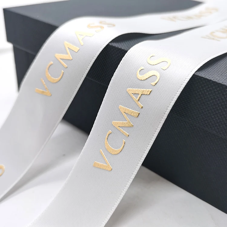Custo 3D Embossed  Gold Logo Printed Gift Box Satin Ribbon Ribbon Christmas Festival Decoration Satin Ribbon