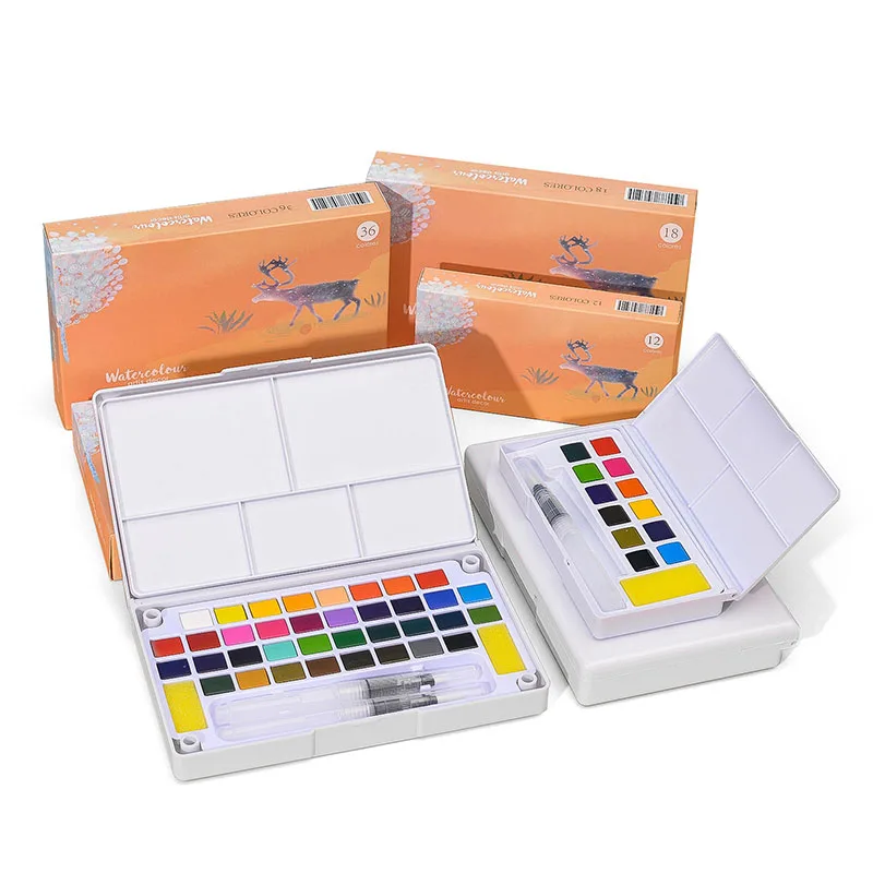 Meihui Art 12 18 24 36 48 Colors Washable Solid Watercolor Cake Paint Set with Palette Sponge Brush Pen