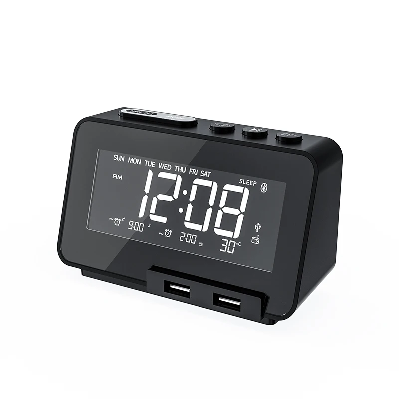 Hotel Alarm Clock Radio FM with sleep Timer Dual USB Port Charging Digital LED Display Dimming Adjustable Volume BT speaker