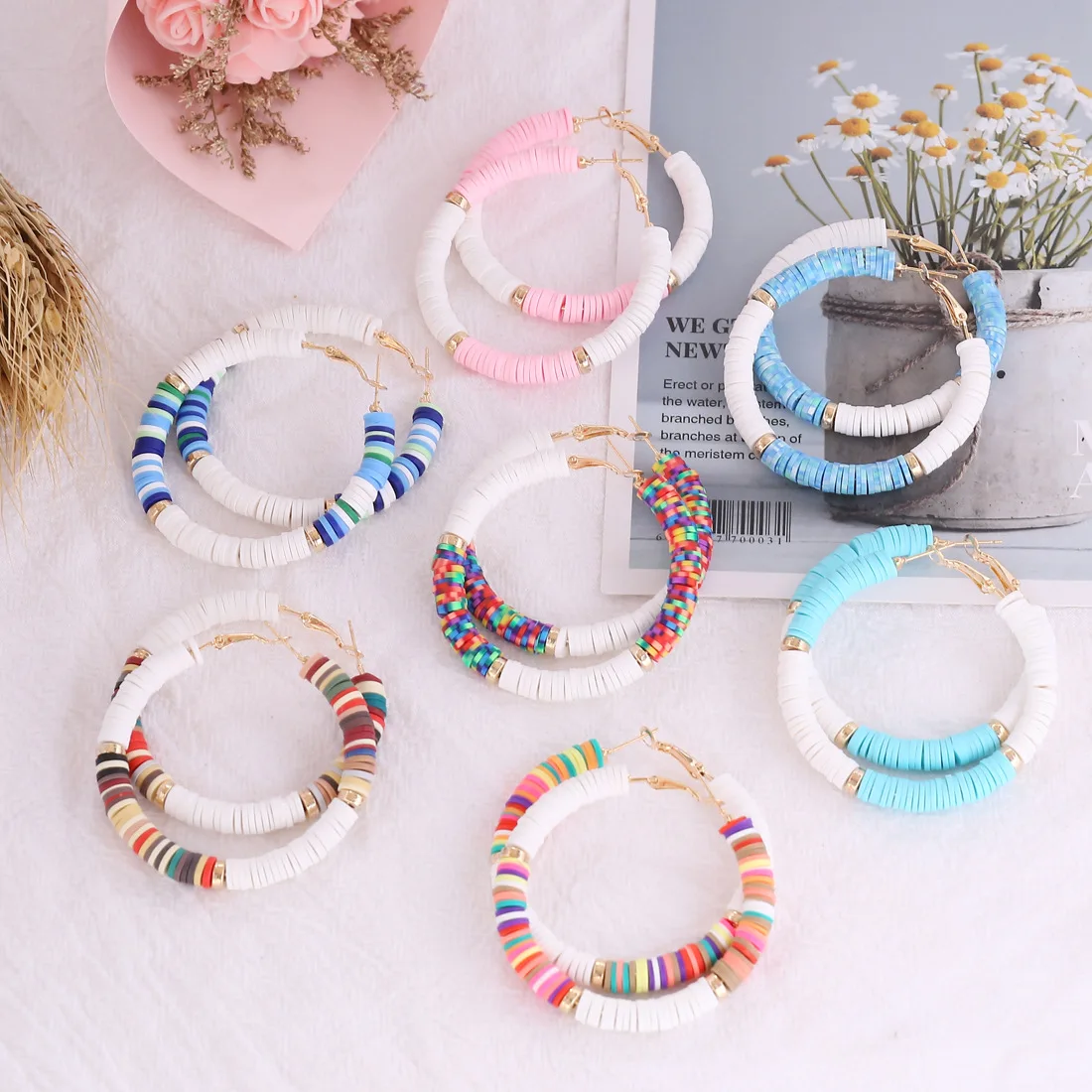 New Arrival Custom Polymer Clay Earrings 60mm Bohemian Earrings Gold Hoop Earrings for Women