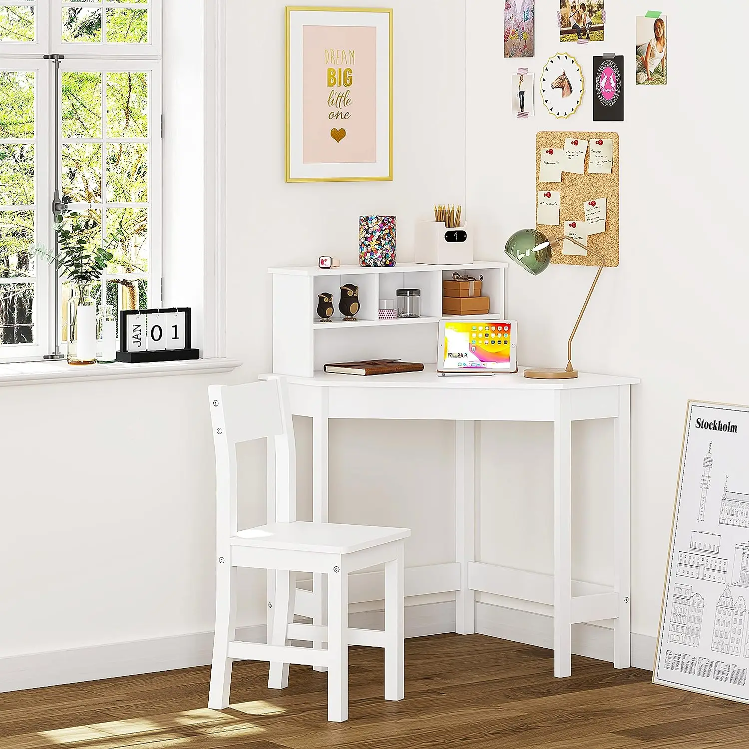 Corner Writing Desk Wooden Study Desk Chair for Children with Storage and Hutch