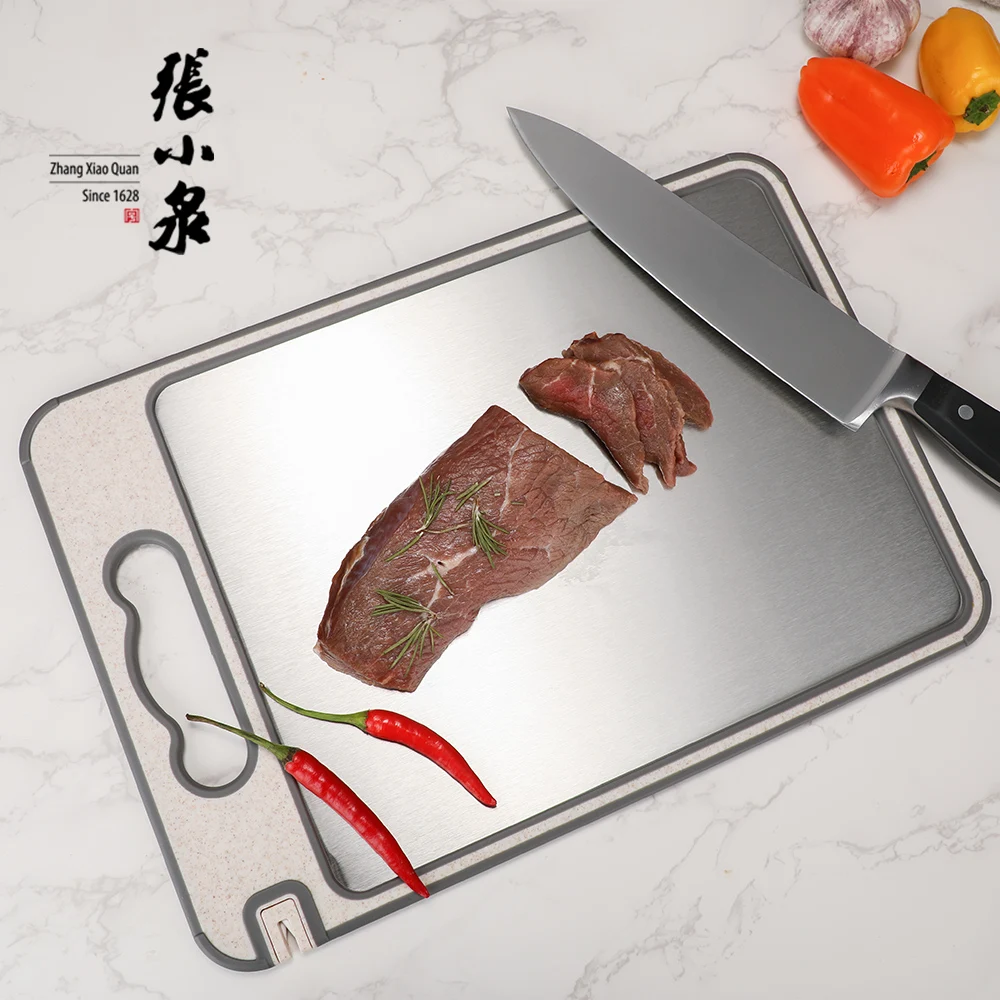 Double-Sided Cutting Board 304 Stainless Steel and Wheat Straw Plastic Chopping Board for Meat and Vegetables Non-Slip edge