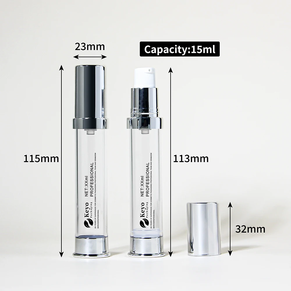 15ml Mini Sample Size Plastic Airless Pump Bottles Cosmetics Packaging Refillable Airless Serum Bottle Metallic Silver Color