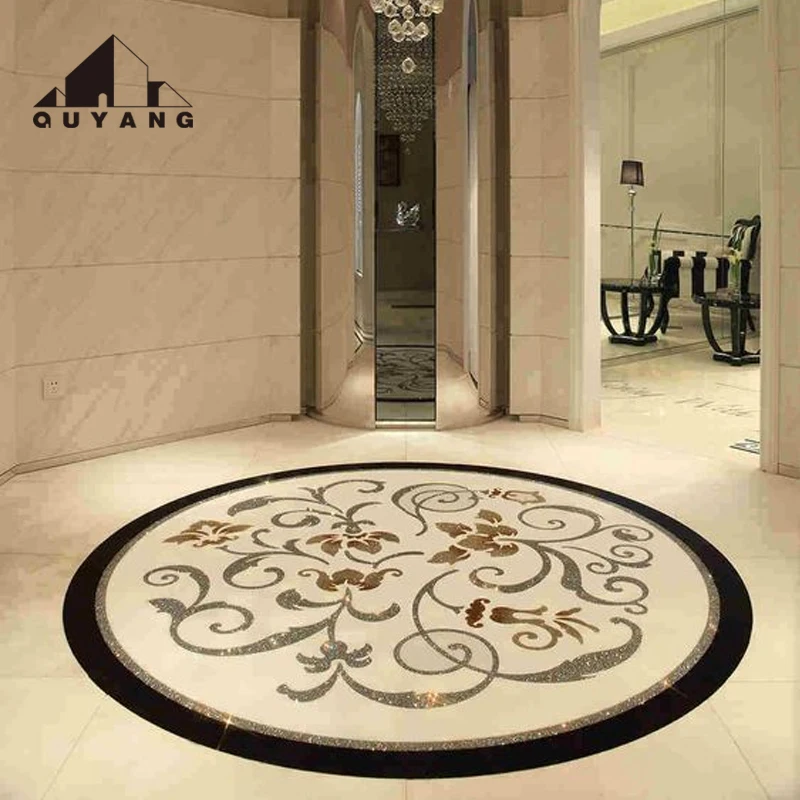 QUYANG Custom Modern Lobby Flower Waterjet Marble Stone Tile Marble Flooring Pattern Medallion Design