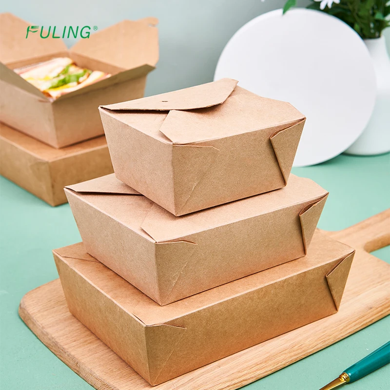 FULING Disposable Take Out Boxes Food Containers Microwavable Kraft Brown Paper To Go Box Grease proof Lunch Box