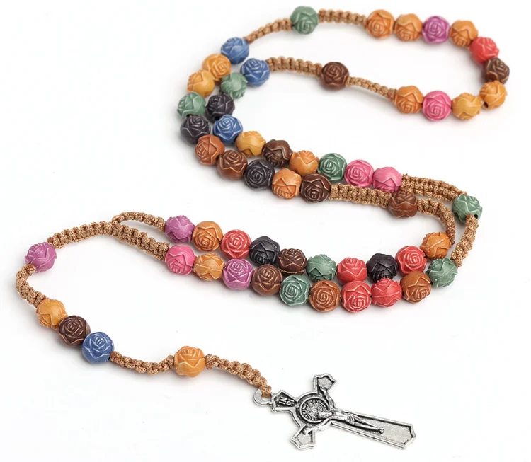 men women kids religious gifts Rosary Necklace handmade catholic cross jesus wooden beads necklace