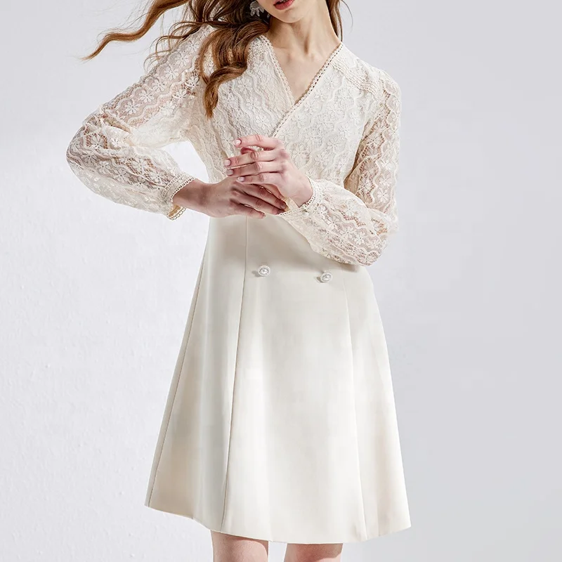 Huiquan new arrivals beige long sleeve printed dress elegant slim evening dress