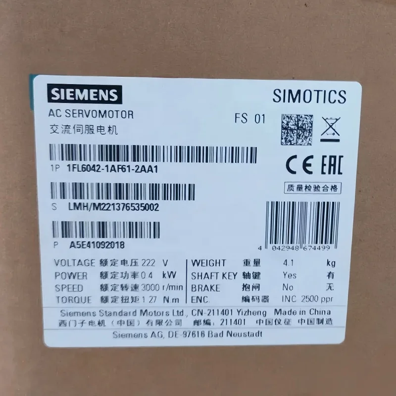 1 Year Warranty 1FL6042-1AF61-2AA1 SIEMENS 1FL60421AF612AA1 Original Price CNC AC Electric SIMOTICS S-1FK6 3 Phase Servo Motor