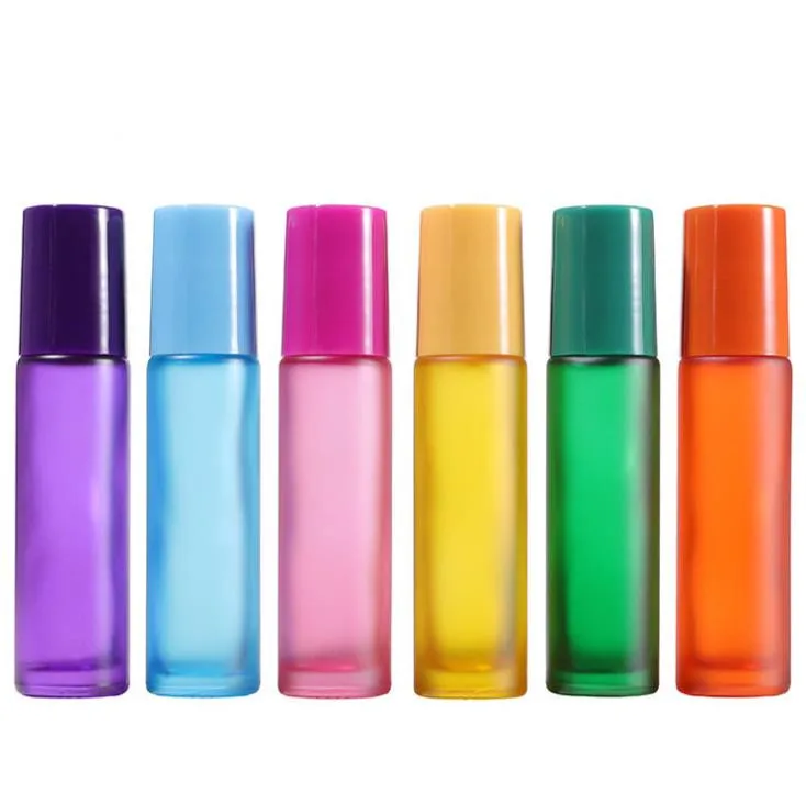 In stock, 10ml matte purple blue pink yellow green orange roll on glass bottle with colorful cap for essential oil/perfume