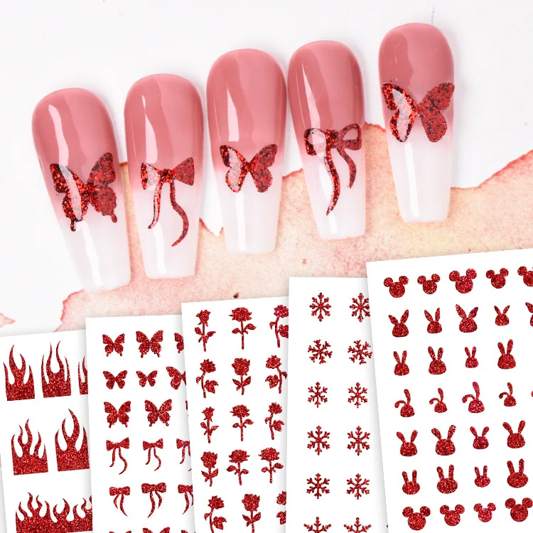wholesale 3D new arrival red rabbit Cute Cartoon frame bow butterfly Chrome Hearts Nail Stickers Adhesive Nail Art Decals
