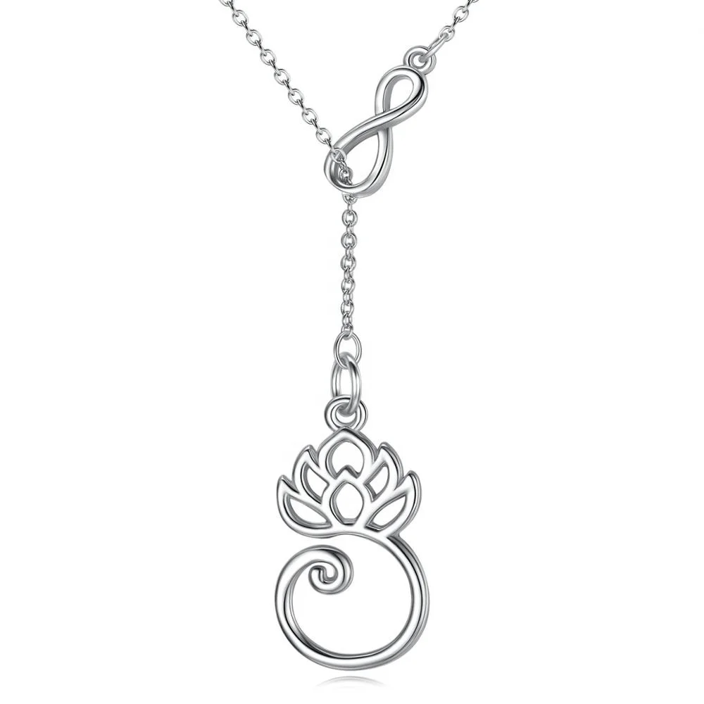 925 Sterling Silver Collarbone Charm Yoga Om Lotus Blossom Flower Necklace Pendant