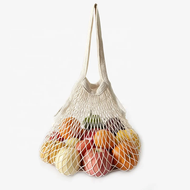 Long Handled  Eco Friendly Reusable  Organic 100% Cotton Mesh Shopping Bag