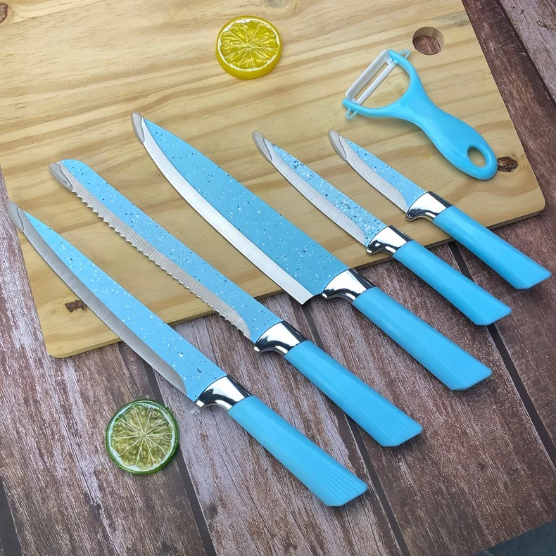 Factory Wholesale 6PCS Stainless Steel Kitchen Knife Set With Holder Non-Stick Coating Chef Knife PP Handle Kitchen Knives