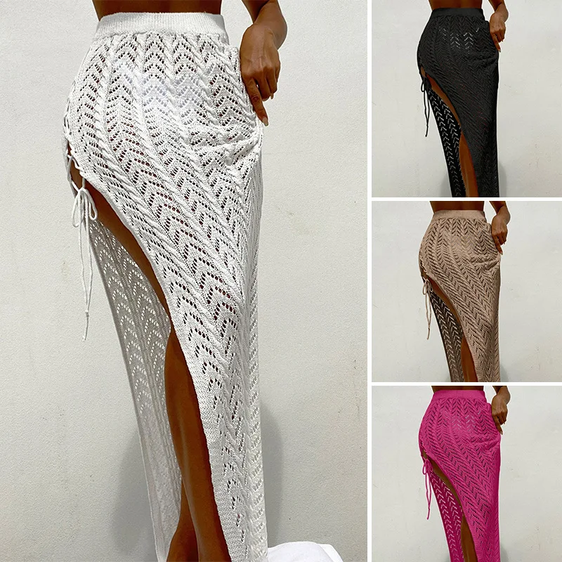 Solid Polyester Swimsuit Whole Bath Cover Up Wear Sexy Hollow Out Knit Bind Split Skirt Long Dress Women Beach Pareo