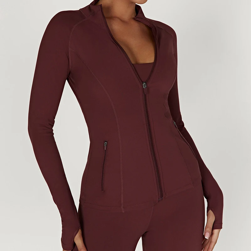 Hot Sale Custom Logo Workout Knitted High Neck Zipper Pockets Nylon Spandex Women Yoga Jacket