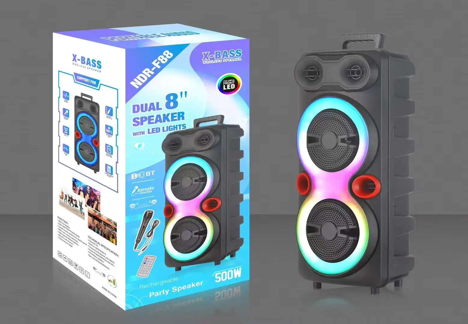 NDR-F88 Hot sale outdoor portable trolley speaker LED light party active speaker
