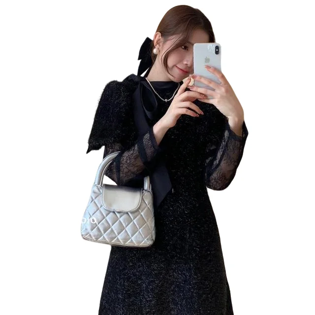 French round neck lace up sleeve with lace and shiny black casual dress, exuding a high-end and Western style short skirt