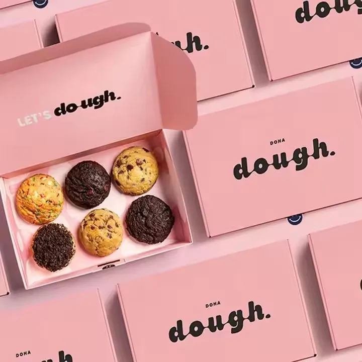 Wholesale custom logo bakery packaging food grade pink paper mochi donut packaging cookie dough delivery cookie boxes with bags