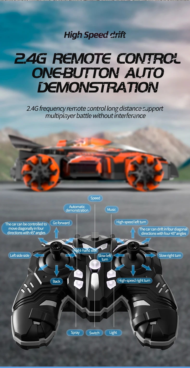Adjustable Speed Racing Stunt Car Toy Universal Rocker Light Music USB Cable Four-Wheel Drive Spray Drift Remote Control