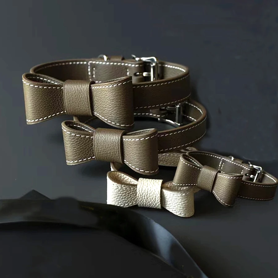Custom Hands Free Pu Leather Carabiner Walk Belt Strap Lead 6 feet Semi Leather Dog Neck Collar Leash And Pet Tag With Bow Tie
