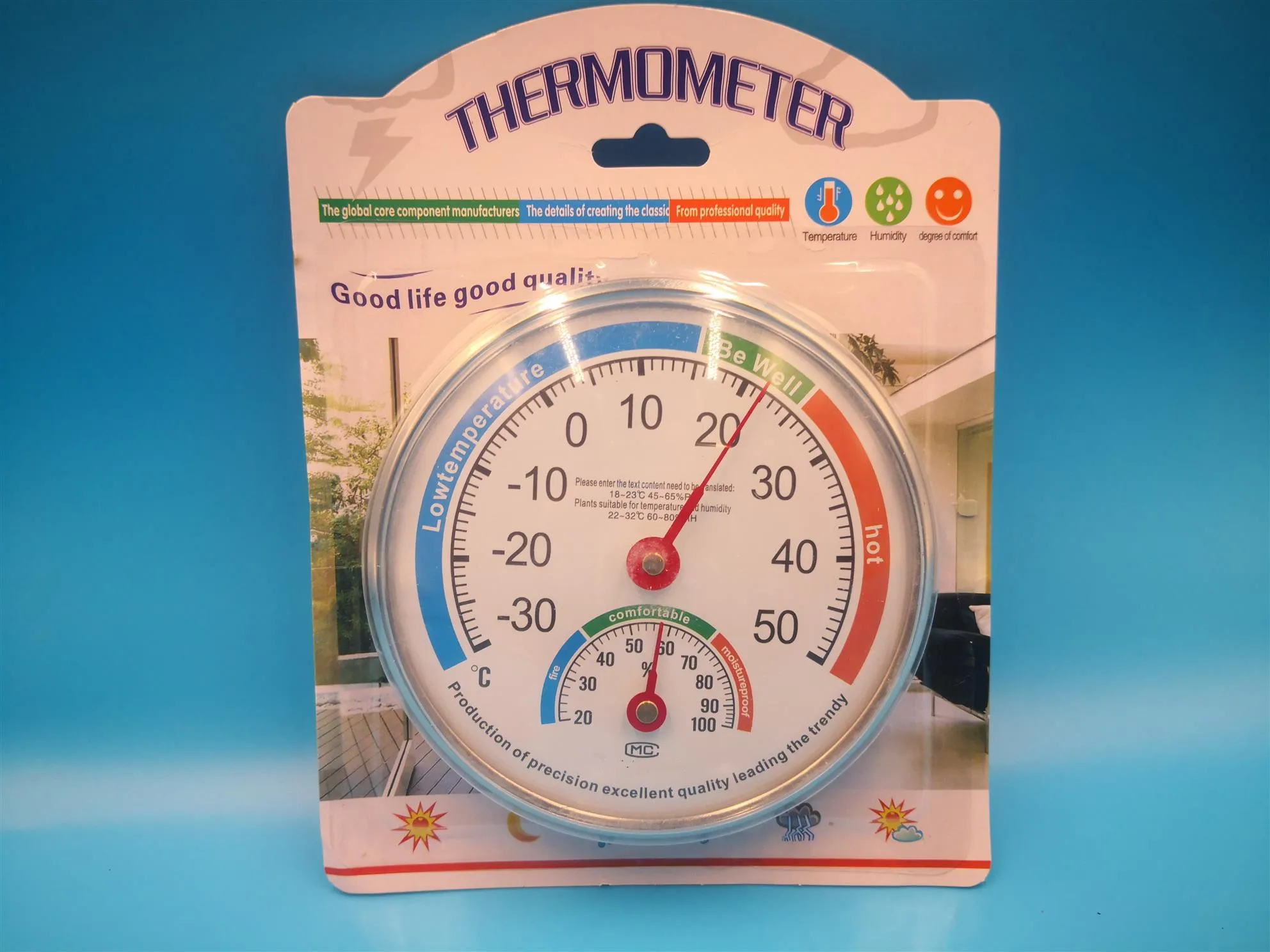 Dial cold room hygrometer thermometer of household indoor mount on wall or stand on desk analog mechanical battery-free 5 inch