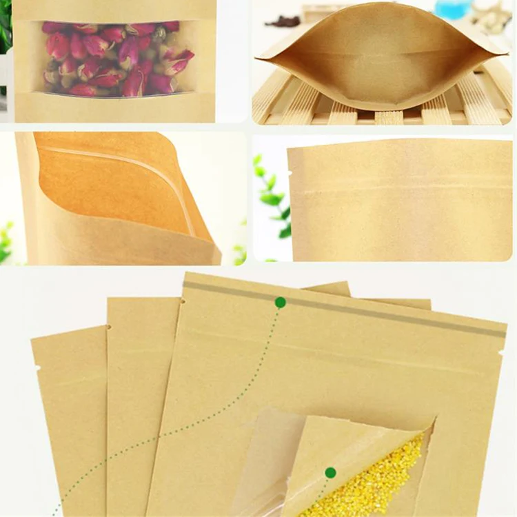 Custom Design Logo Printing Eco Friendly Resealable Zipper Stand up Food Packaging Biodegradable Brown Kraft Paper Spice Bags